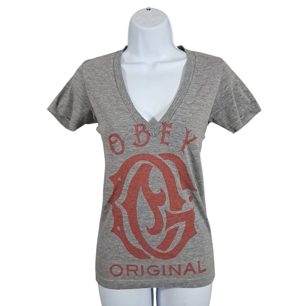 Obey Tee Womens Graphic V Neck Plunge T Shirt XS Gray USA Y2K Grunge Fitted - Picture 1 of 10